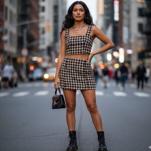 House of Harlow 1960 2Pc Houndstooth Mini Skirt Crop Top Set Black Tan Size L